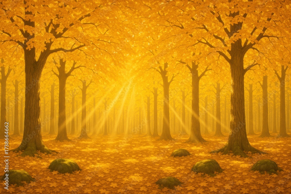 Fototapeta premium Golden oak forest canopy with sunbeams and mossy forest floor