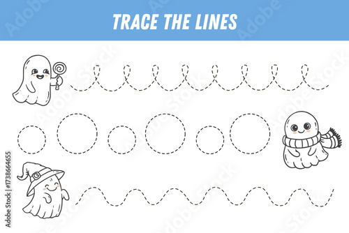 Tracing lines for kids. Cartoon ghost. Handwriting practice. Educational game for preschool kids. Activity page. Vector