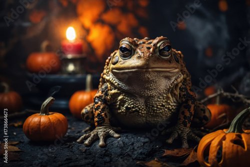 Big green frog toad dark scary background autumn Halloween holiday AI Generative