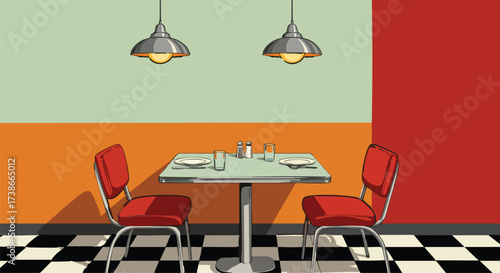 Retro Diner Booth Table with Red Chairs and Tiles