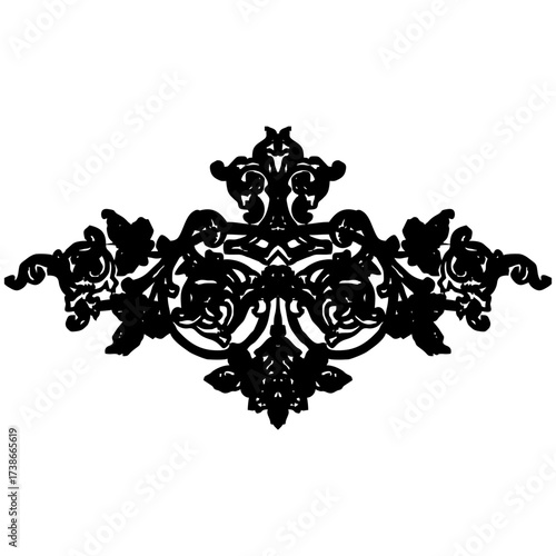A vintage black and white fleur de lis pattern illustration with a shield frame design element