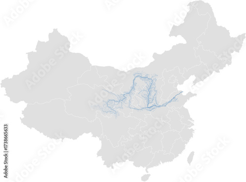 Yellow River system – China rivers vector map with province boundaries (Web Mercator projection, based on river size, PPT-compatible & fully editable)