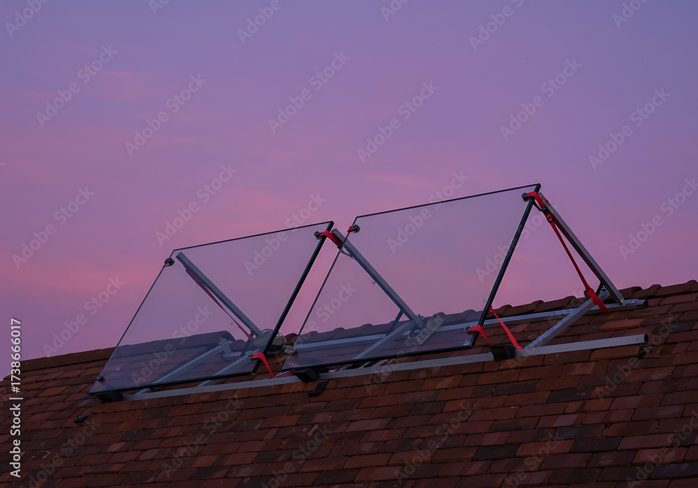 Fototapeta premium On the red brick roof a metal frame holds paired Glass glas panels secured with rubber straps and soft pads. The temporary setup suggests rooftop work in progress under a purple sky.
