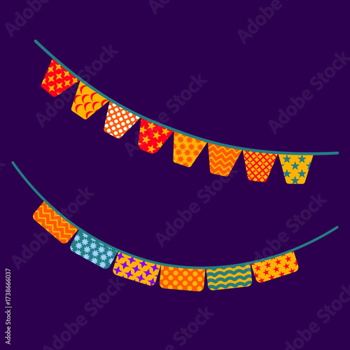 Bright Festive Bunting Banner Illustration on Dark Background.
A colorful and cheerful illustration of two strings of decorative party bunting flags hanging against a deep, dark purple