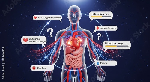 Human anatomy with circulatory system and informational callouts