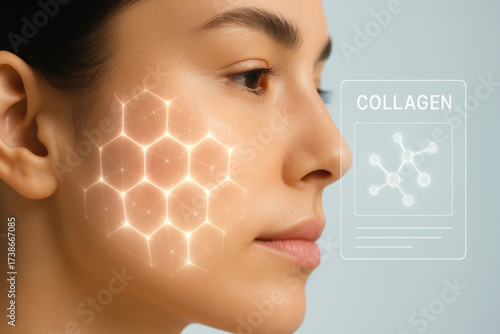 Collagen boost serum drop skincare routine glowing skin facial closeup young woman hexagon grid pore treatment