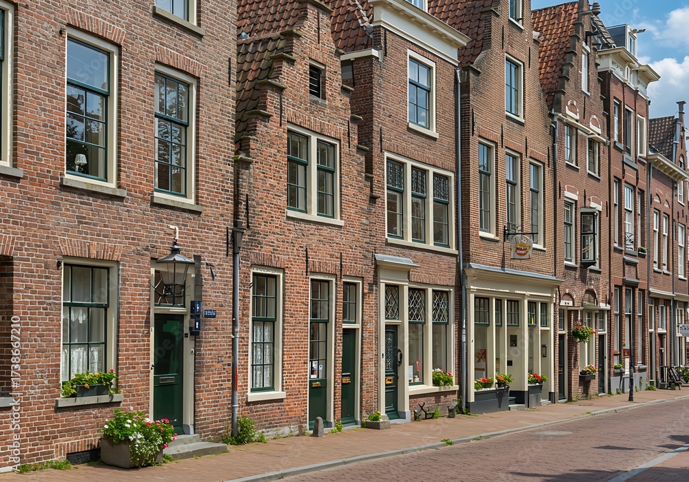 Fototapeta premium DELFT, NETHERLANDS - JULY 29 2021: Facades of authentic colorful brick houses, the left one with stepped gable, in the historical center of Delft, The Netherlands.