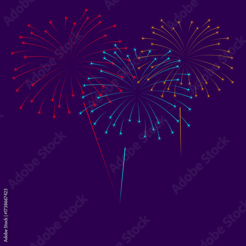 Colorful Bursting Fireworks on Dark Night Sky Vector.
A dynamic and exciting illustration featuring three colorful fireworks bursting against a deep, dark purple or navy night sky.