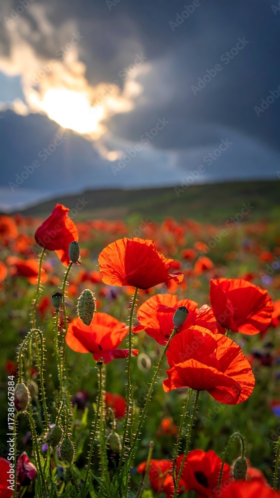 Obraz premium Vibrant poppy field at sunset (1)