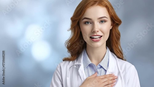 A focused young female medical professional with vibrant red hair, dressed in a crisp white lab coat over a striped shirt, stands with her hand placed thoughtfully over her heart. Her sincere and dedi