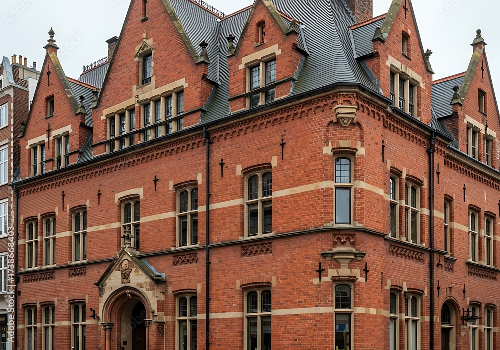 Obraz premium A detailed view of the Salisbury Building, showcasing its red brick facade and symmetrical architectural design. The structure features decorative gables