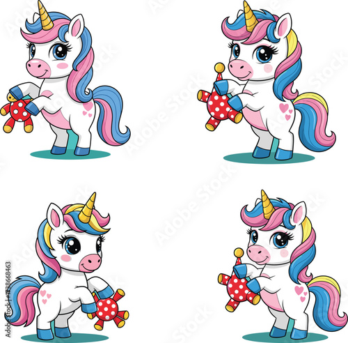 PrintCartoon unicorns with colorful manes holding star toys, cheerful fantasy animals in grid layout for kids, magical, playful, cute, and whimsical vector design