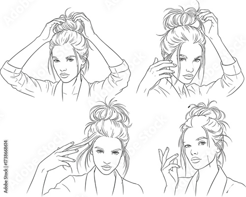 PrintStep-by-step messy bun hairstyle tutorial illustration, expressive line art of woman styling hair for beauty, fashion, elegance, and instructional vector design