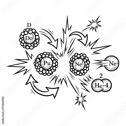Energetic black and white scientific illustration depicting a stylized nuclear reaction with atomic particles transforming and releasing powerful energy in a dynamic explosive process