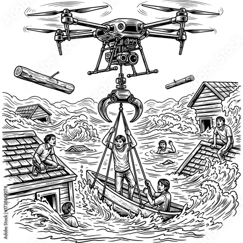 Innovative drone using a fire hose to extinguish an indoor blaze, demonstrating advanced autonomous firefighting technology and emergency response solutions