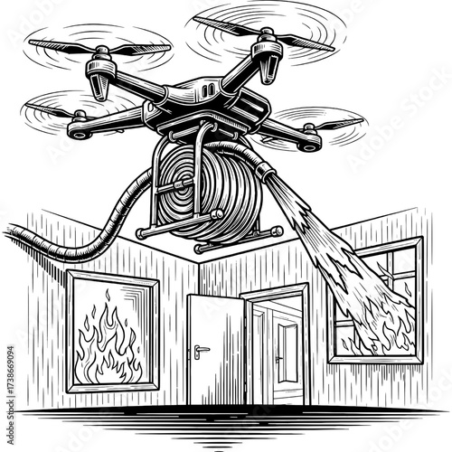 Autonomous aerial drone deploying a robust fire hose to combat an interior structural fire, illustrating innovative emergency response solutions and safety technology advancements