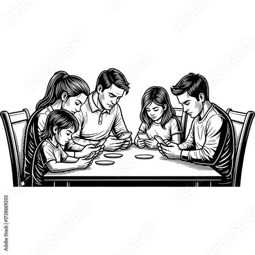 Family dinner table scene where every member is engrossed in their smartphones, illustrating the common modern-day challenge of digital distraction affecting personal connection