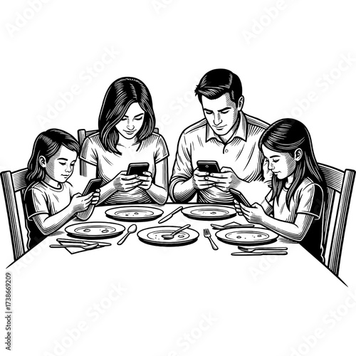Modern family dinner scene depicting a lack of genuine connection as parents and children are all engrossed in their individual smartphones