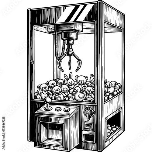 Classic arcade claw machine illustration, showcasing a vintage entertainment game filled with a charming collection of stuffed animals and plush toys, evoking feelings of childhood nostalgia and fun