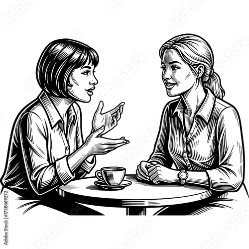 Monochrome illustration showcasing two professional women in an animated conversation over coffee, representing dynamic communication, collaborative thinking, and valuable networking connections