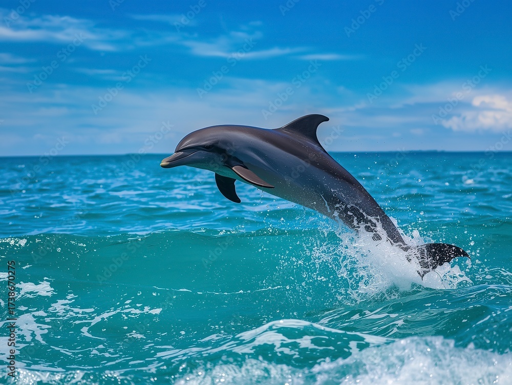 Fototapeta premium Dynamic dolphin leaping from turquoise ocean waves under a bright blue sky, creating stunning splashes, ideal for travel promotions