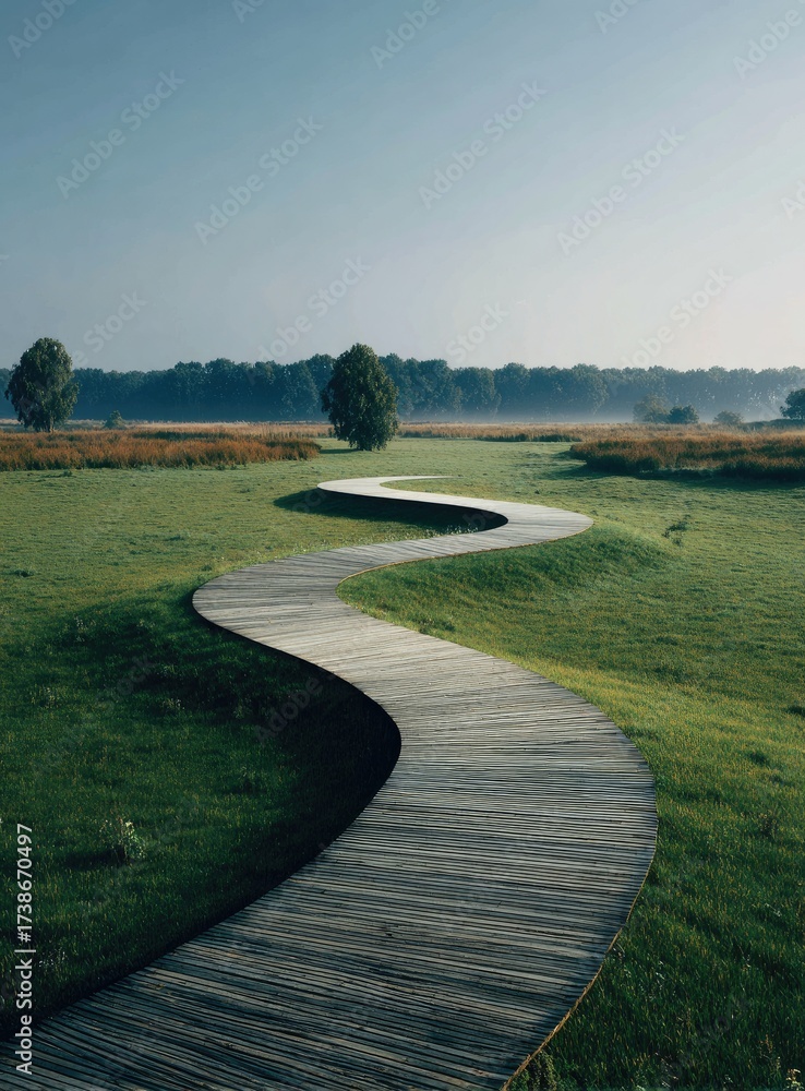 Naklejka premium Serpentine wooden path winding through a grassy landscape