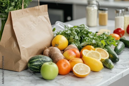 Groceries delivery bag with fresh organic fruits and vegetables
