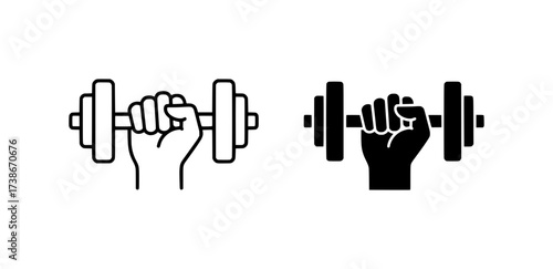 Outline and solid black vector icon of a hand lifting a dumbbell symbolizing strength and fitness