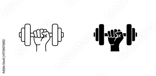 Outline and solid black vector icon of a hand lifting a dumbbell symbolizing strength and fitness