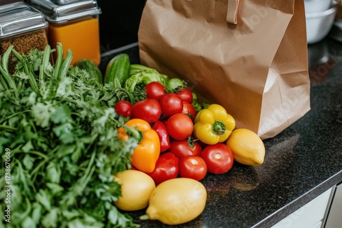 Fresh vegetables and groceries in paper bag on kitchen counter