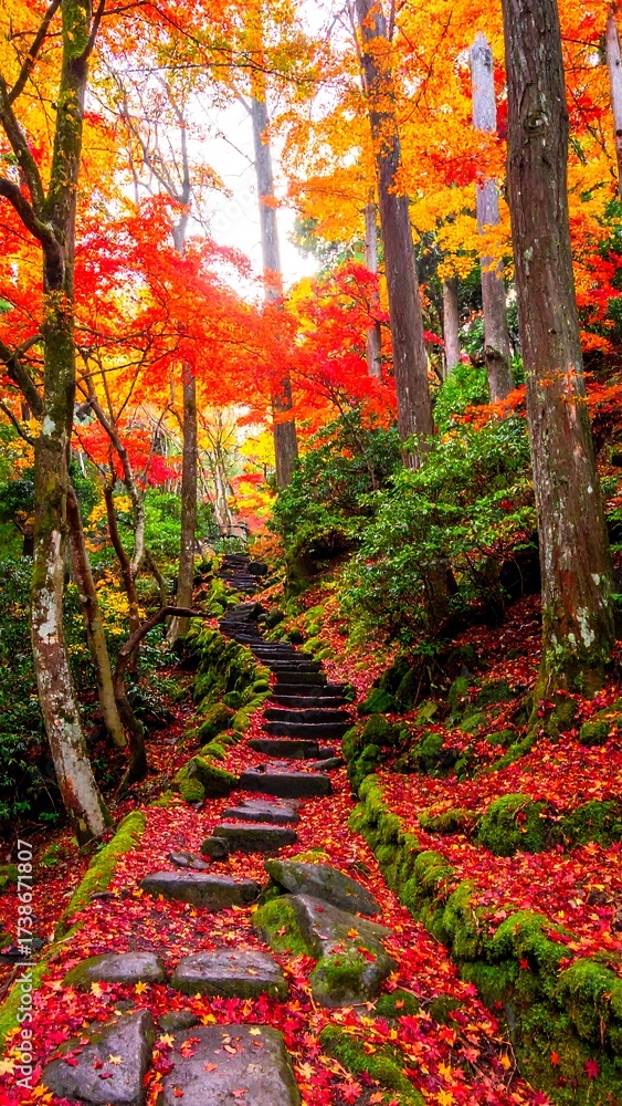 Naklejka premium Winding stone staircase path with vibrant autumn foliage