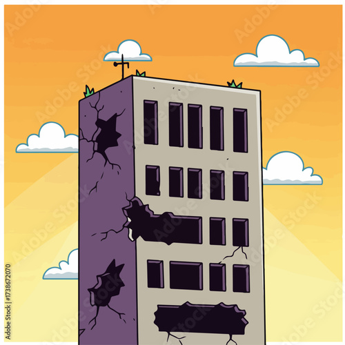 A tall, dilapidated building with large holes in its walls stands against a vibrant orange sky with scattered clouds.