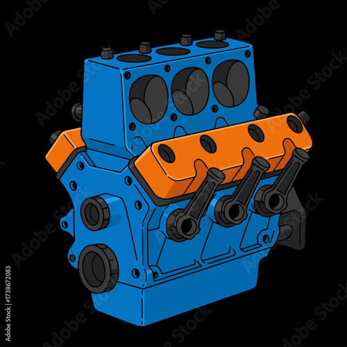 A stylized illustration of a blue and orange internal combustion engine block with visible cylinders and exhaust ports.