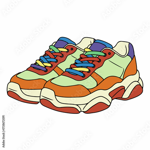 A pair of colorful chunky sneakers with vibrant laces and a thick sole, presented in a flat illustration style.