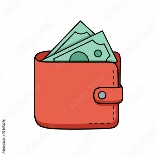 A red wallet with several green banknotes peeking out from the top, secured by a buttoned flap.