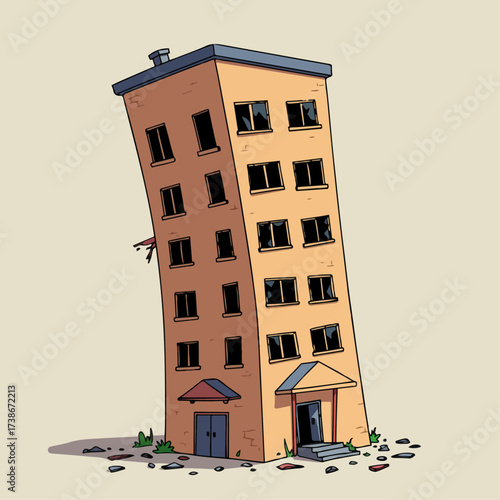 A cartoon illustration of a tall, narrow building leaning precariously to one side, with broken windows and debris scattered around its base.