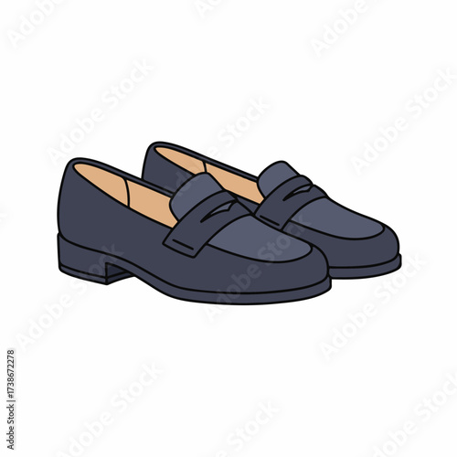 A pair of classic navy blue leather loafers with a subtle strap across the vamp, presented on a white background.