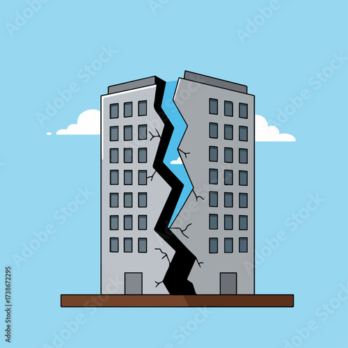A tall office building is dramatically split in half by a large crack, suggesting structural damage or an earthquake.