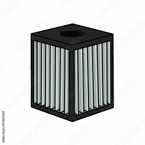 A 3D isometric illustration of a black cube-shaped air filter with vertical gray fins.