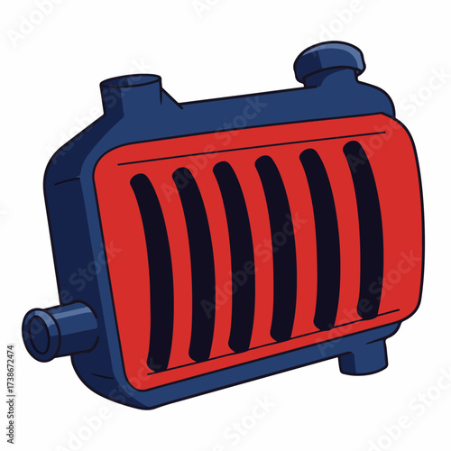 Illustration of a car radiator with blue casing and red fins for cooling.