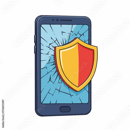 A cracked smartphone screen protected by a shield, symbolizing device security and repair.