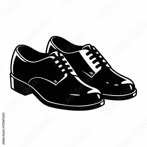 A pair of shiny black formal Oxford shoes with laces, presented in a clean, graphic illustration style.