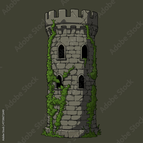 A weathered stone tower covered in overgrown green vines, with broken battlements and dark arched windows.
