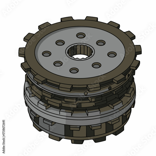 A detailed illustration of a motorcycle clutch assembly, showcasing its layered plates and gear-like components.