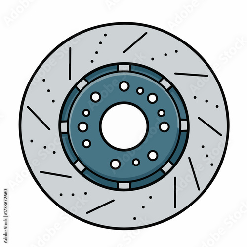 A detailed illustration of a ventilated and slotted brake rotor, commonly used in high-performance vehicles.