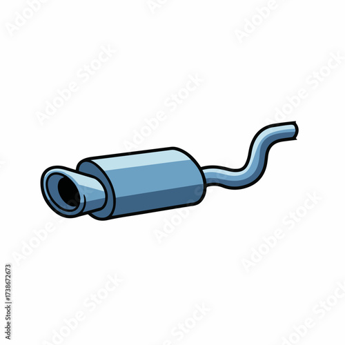 A cartoon illustration of a blue exhaust muffler with a curved pipe extending from it.