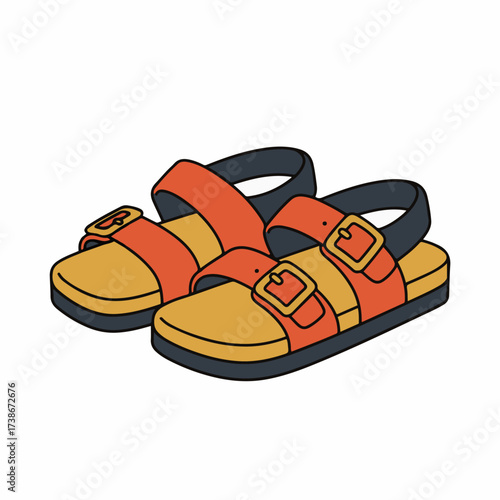 A pair of orange and yellow sandals with black straps and gold buckles, depicted in a simple, flat illustration style.