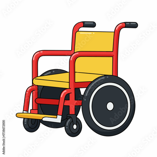 A cartoon illustration of a red and yellow wheelchair with large black wheels, designed for mobility assistance.