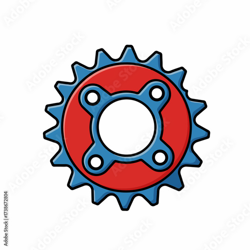 A close-up illustration of a blue and red gear with a circular opening in the center and four bolt holes.