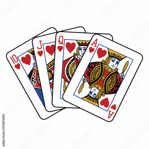 A fan of four playing cards, including a 10, Jack, Queen, and Ace of Hearts.